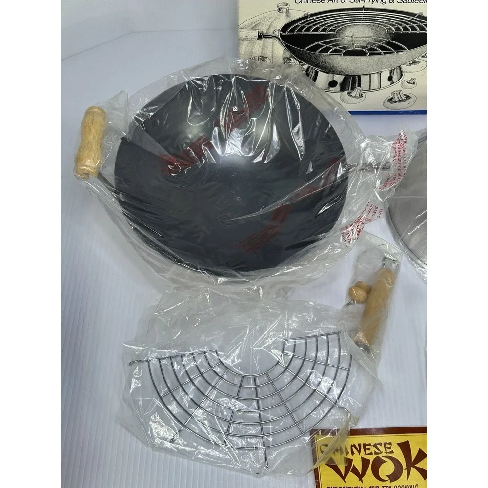 Vintage Pier 1 Mini Wok 6 Piece Nonstick Wok Lid Ring Steamer Tempura Book NOS